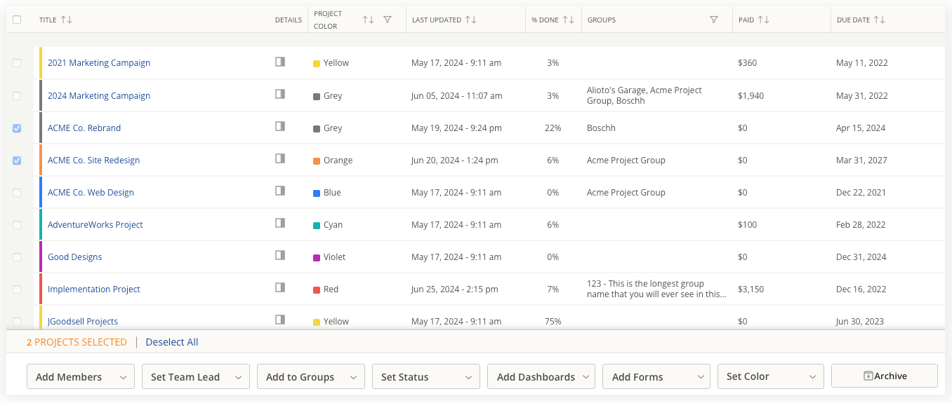 Project List Bulk Actions – Kantata Knowledge Base