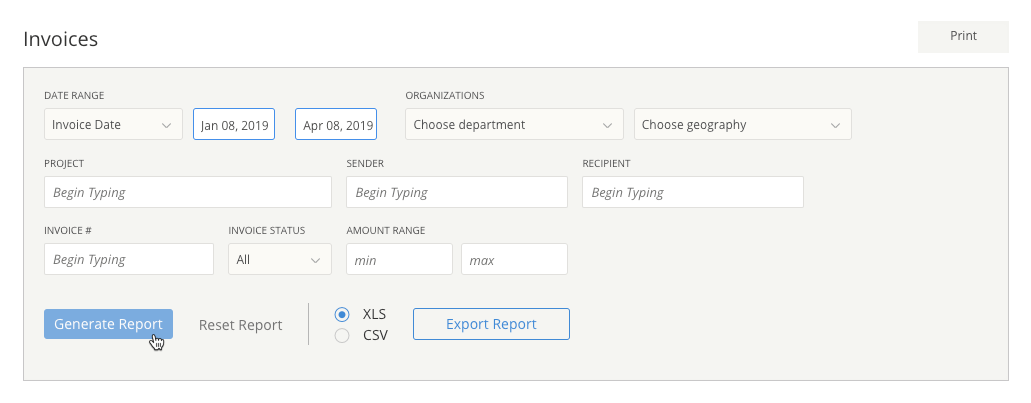 Filter options for the Invoices Analytics report