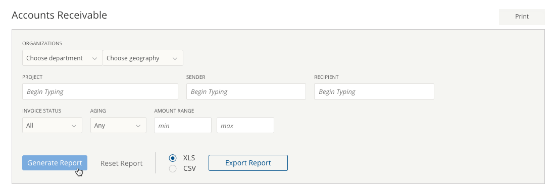 Filter options for the Accounts Receivable Analytics report