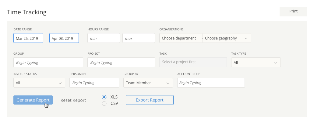 Filter options for the Time Tracking Analytics report