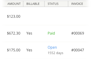 The Amount, Billable, Status, and Invoice columns