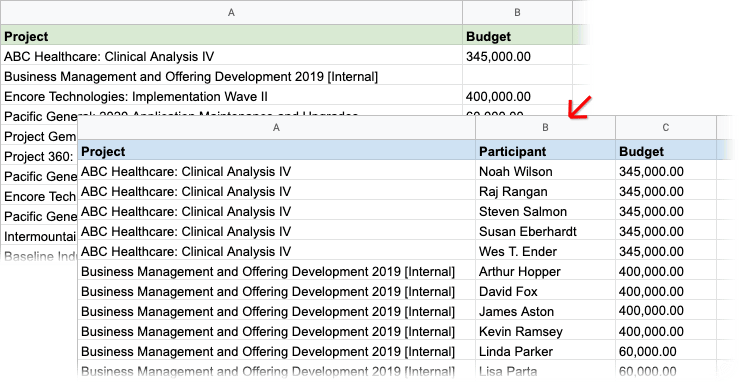 Comparison of two exported Time and Materials Margin Analytics reports where one has the participant column and one doesn't.