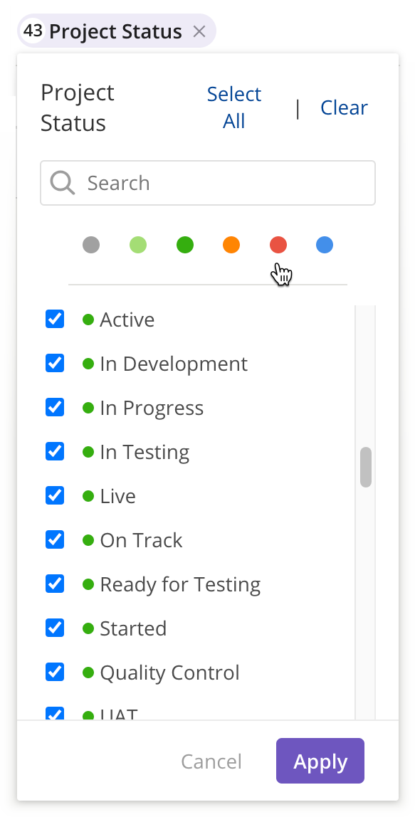 Project Status filter with green, orange, red selections.png