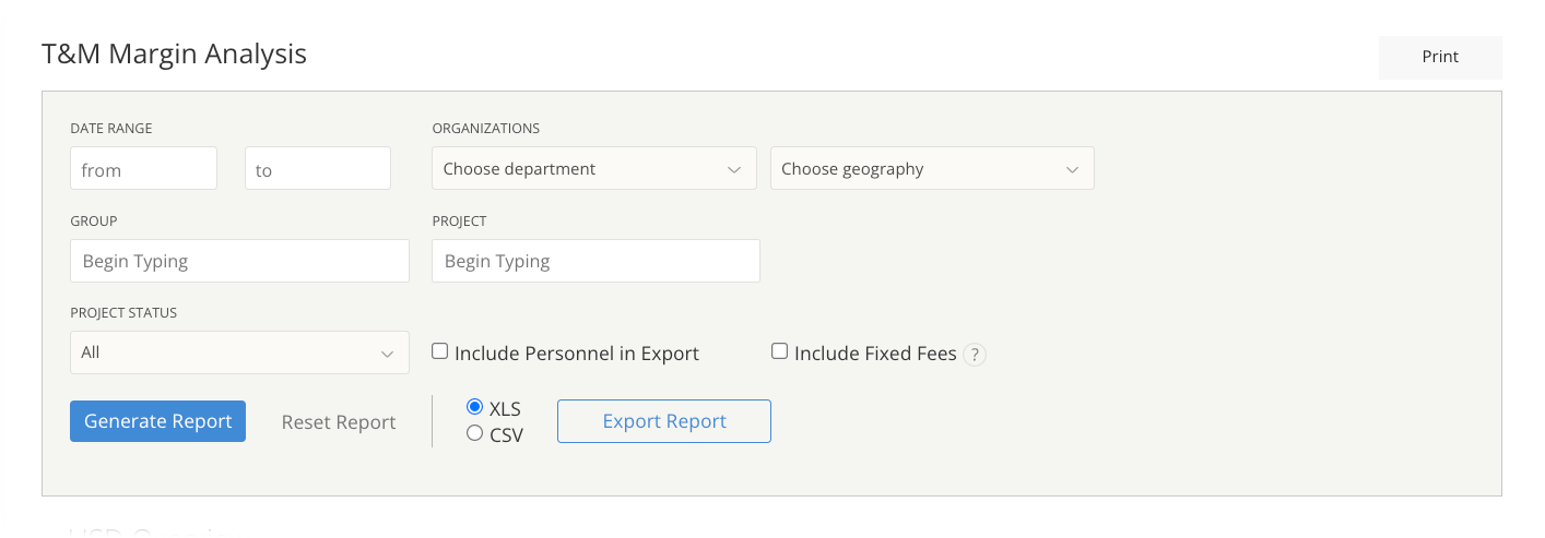 Filter options for the Time and Materials Margin Analytics report