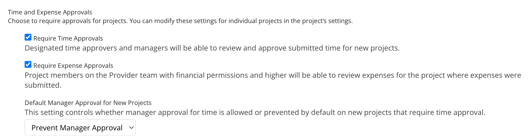 Time and Expense Approvals settings on Time and Expense Settings page.png